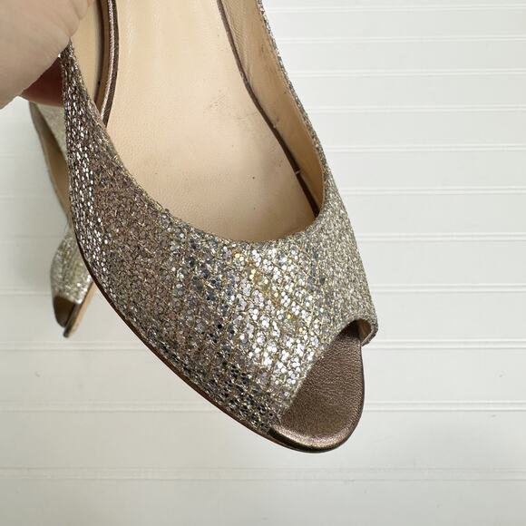 Jimmy Choo Isabel Champagne Glitter Peep Toe Pumps 38.5 Bridal Wedding Heel - Picture 8 of 12